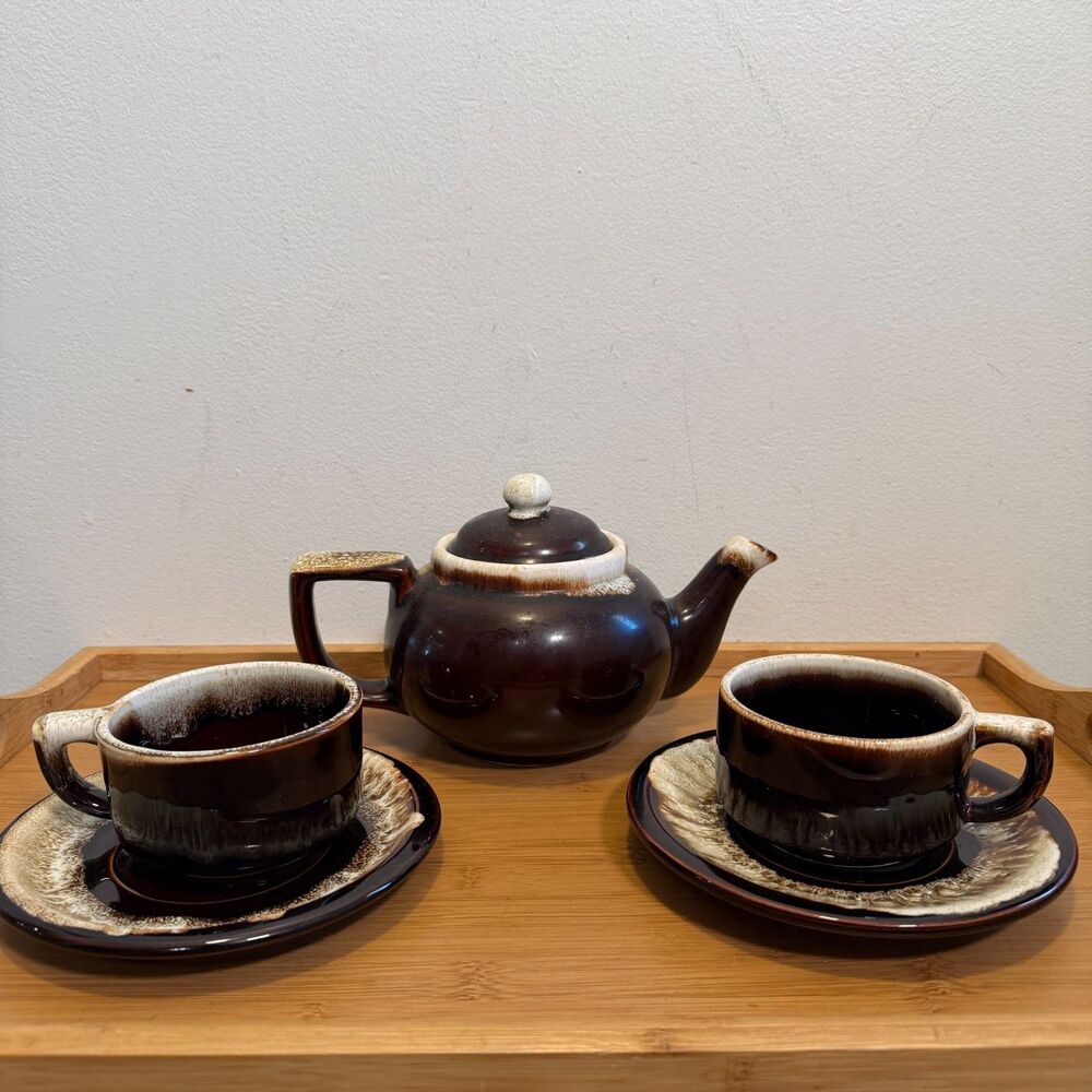 Vintage Pfaltzgraff Gourmet Brown Drip Tea Set Teapot 2 Cups Saucers USA